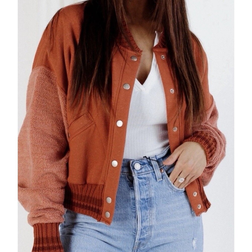 Free People Hollaback Bomber Jacket Snap Front Orange Spiced Brandy Sherpa Large - Picture 5 of 16